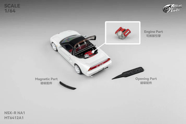 1:64 scale Micro Turbo Custom NSX-R in metallic white with widebody kit, lowered stance, and detailed wheels.