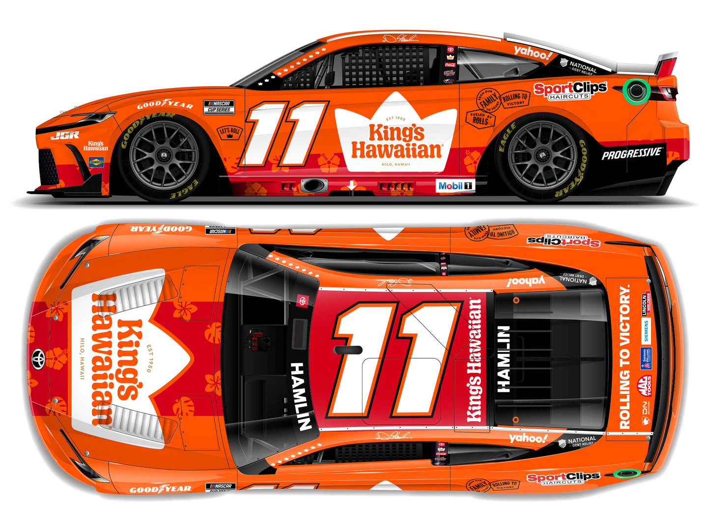 1:64 scale model of Denny Hamlin’s 2025 #11 Toyota Camry XSE with King’s Hawaiian livery by ARC.