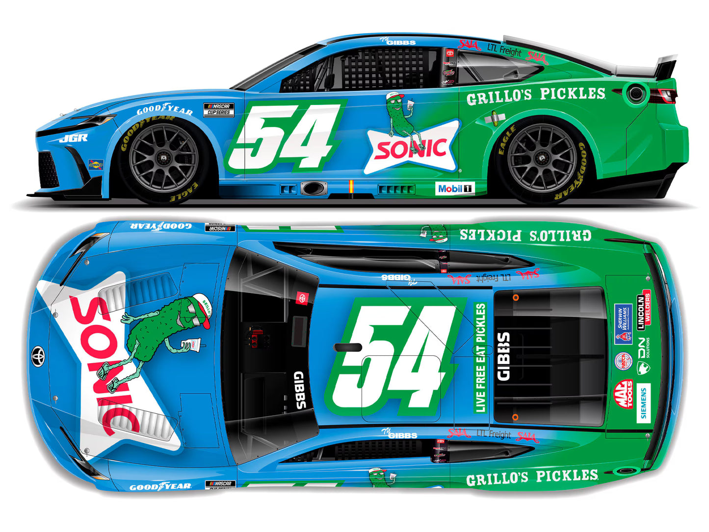 1:64 die-cast of Ty Gibbs’ 2025 #54 Toyota Camry with Sonic and Grillo’s Pickles livery by ARC.