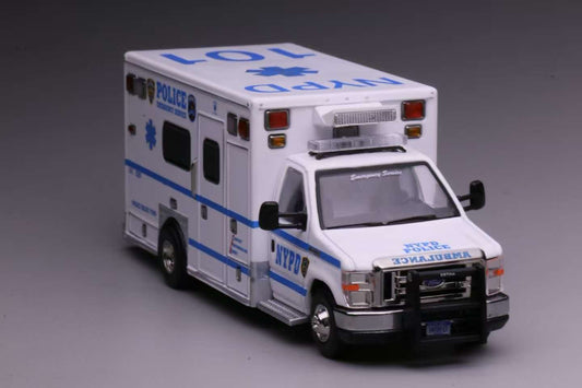 596 Models 1:64 Ford E450 Ambulance in New York Police NYPD livery.