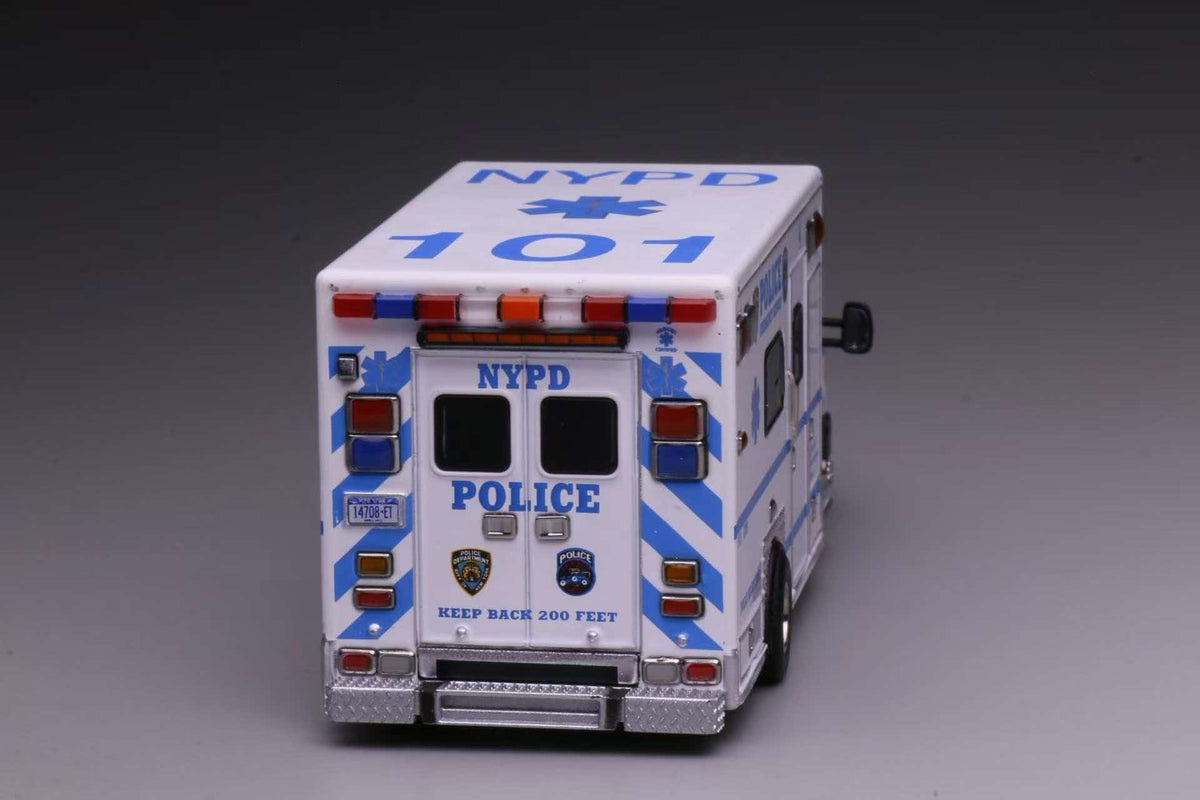 596 Models 1:64 Ford E450 Ambulance in New York Police NYPD livery.