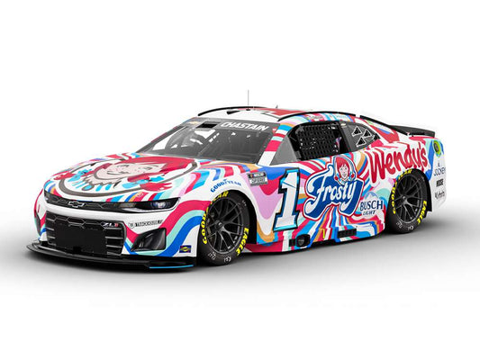 1:64 ARC diecast of the 2025 Chevrolet #1 Ross Chastain with Wendy’s Frosty-themed livery and sponsor branding.