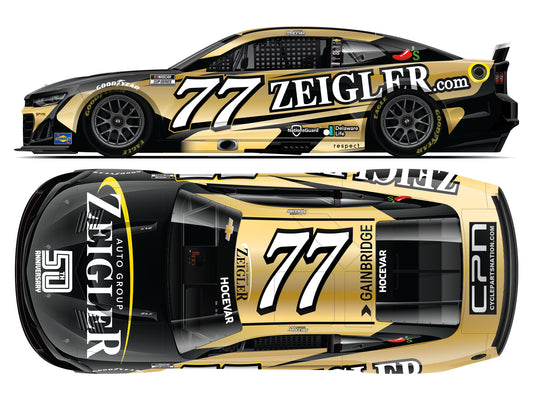 1:64 diecast model of Carson Hocevar’s 2025 #77 Chevrolet with Zeigler 50th Anniversary NASCAR livery.