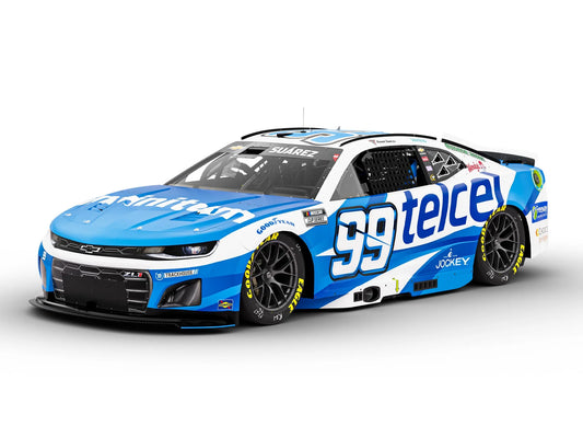 1:64 ARC diecast model of the 2025 Chevrolet #99 Daniel Suárez with vibrant blue Telcel livery and detailed sponsor graphics.