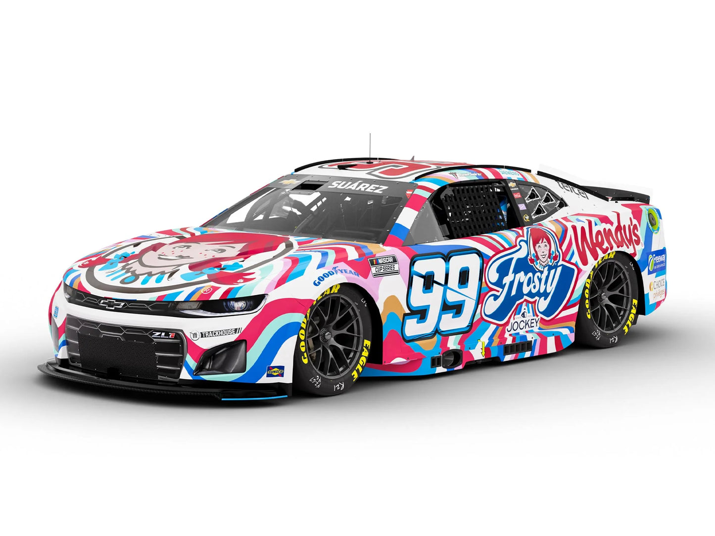 1:64 ARC diecast model of the 2025 Chevrolet #99 Daniel Suárez with Wendy’s Frosty livery in light blue and brown tones featuring the iconic Frosty cup.