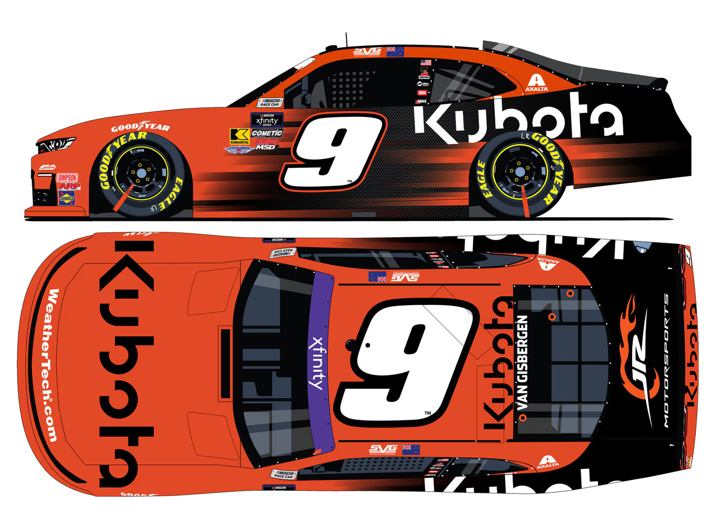 1:64 ARC 2025 Chevrolet #9 Shane van Gisbergen diecast in Kubota’s orange NASCAR livery.