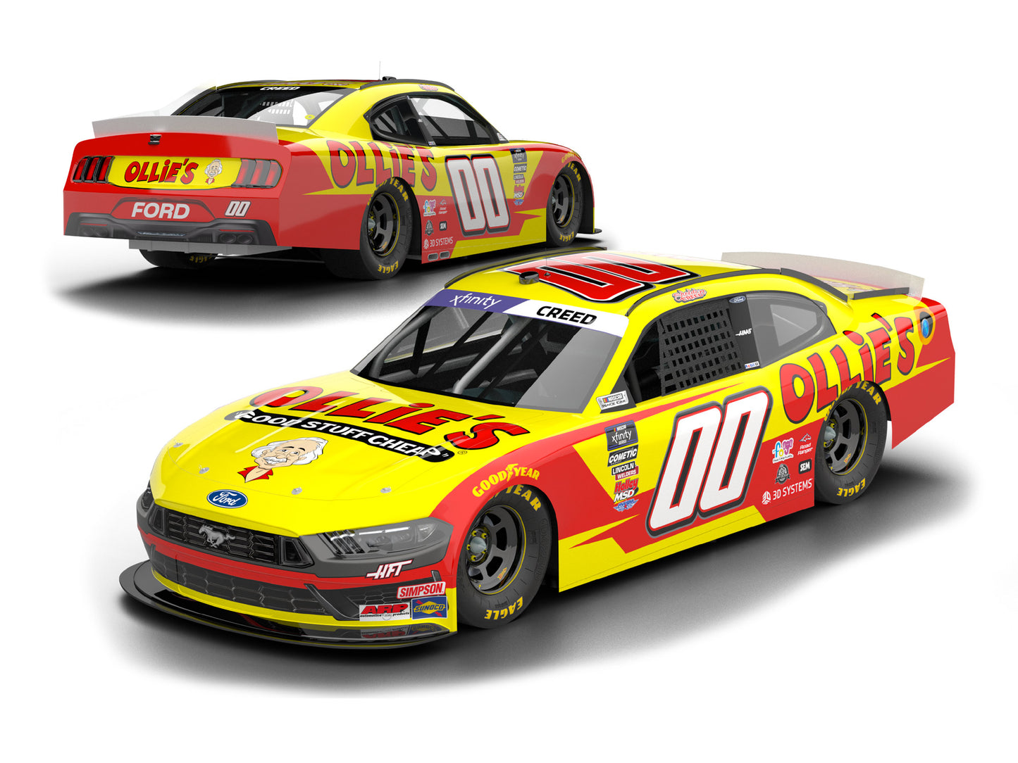 1:64 ARC 2025 Ford Mustang #00 Sheldon Creed diecast model with Ollie’s yellow and black NASCAR livery.