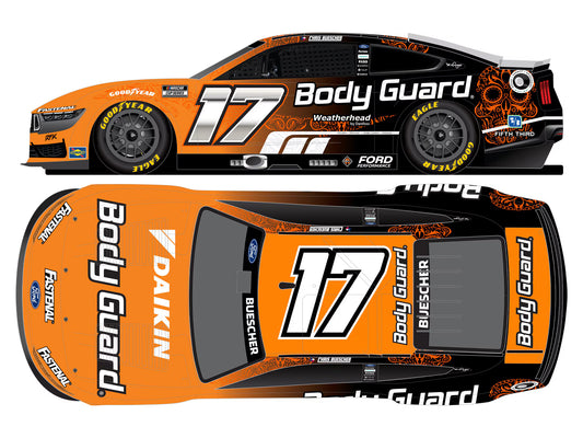 1:64 diecast of the 2025 Ford Mustang #17 Chris Buescher with Body Guard Mexico livery and sponsor logos.