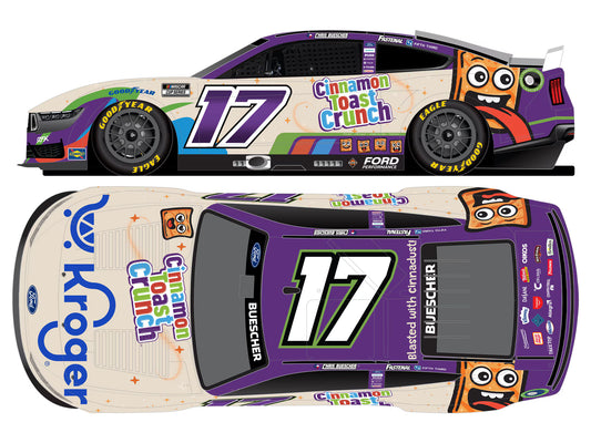 1:64 scale Chris Buescher #17 Ford Mustang diecast in colorful Cinnamon Toast Crunch racing livery.