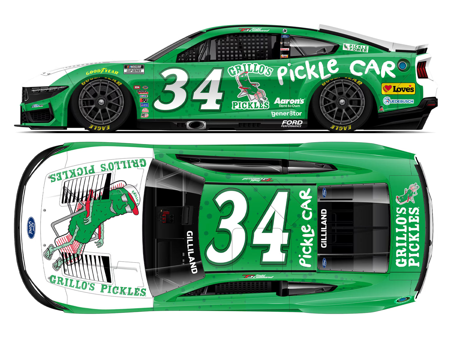 1:64 diecast of Todd Gilliland’s 2025 #34 Ford Mustang with Grill’s Pickles NASCAR paint scheme.