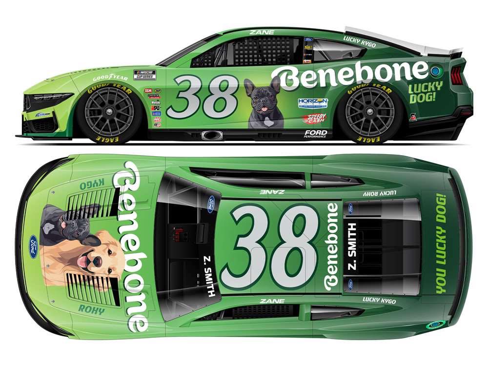 1:64 diecast model of Zane Smith’s 2025 #38 Ford Mustang featuring Benebone’s dog-themed livery.