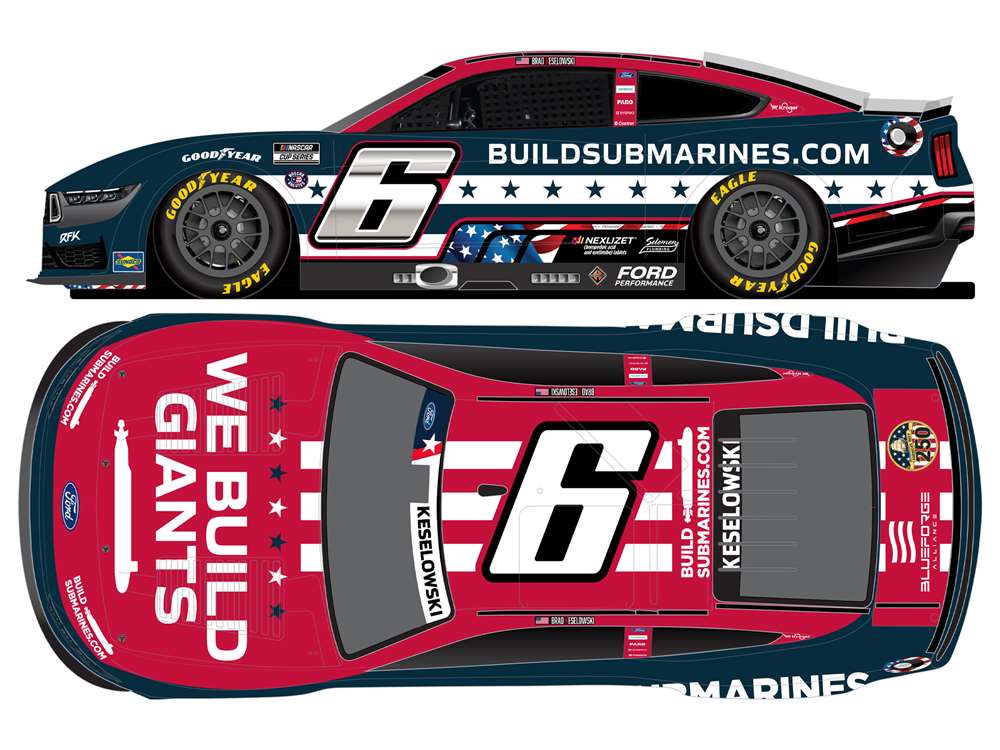 1:64 scale diecast of Brad Keselowski’s 2025 #6 Ford Mustang with BuildSubmarines.com sponsor graphics.