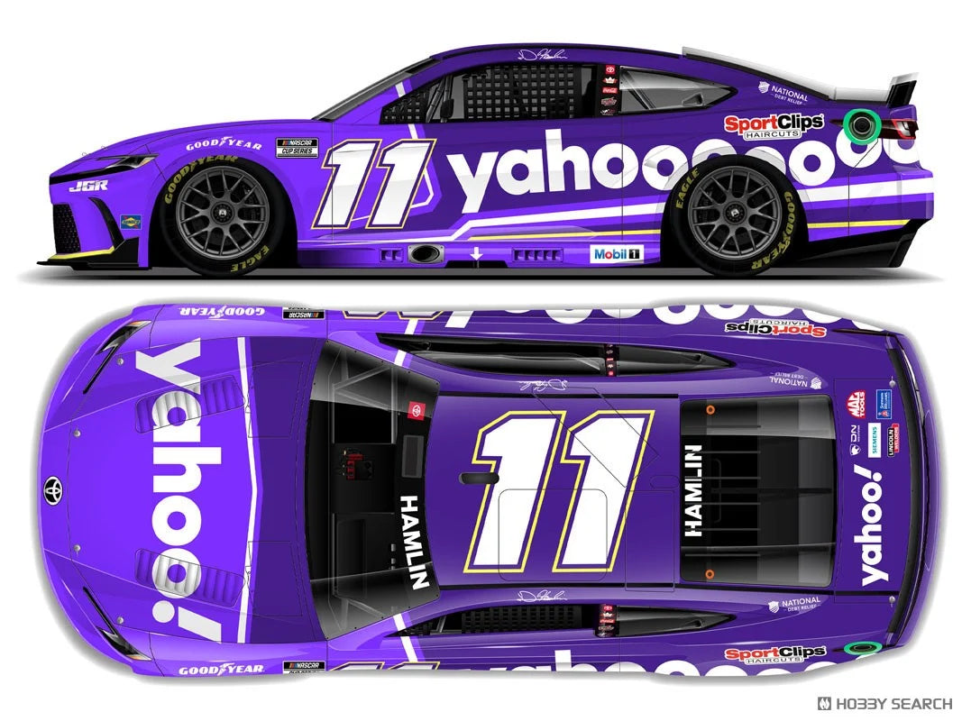 1:64 ARC diecast of the 2025 Toyota Camry XSE #11 Denny Hamlin with purple and white Yahoo! livery and Joe Gibbs Racing logos.