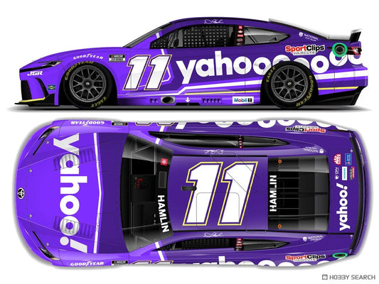 1:64 ARC diecast of the 2025 Toyota Camry XSE #11 Denny Hamlin with purple and white Yahoo! livery and Joe Gibbs Racing logos.
