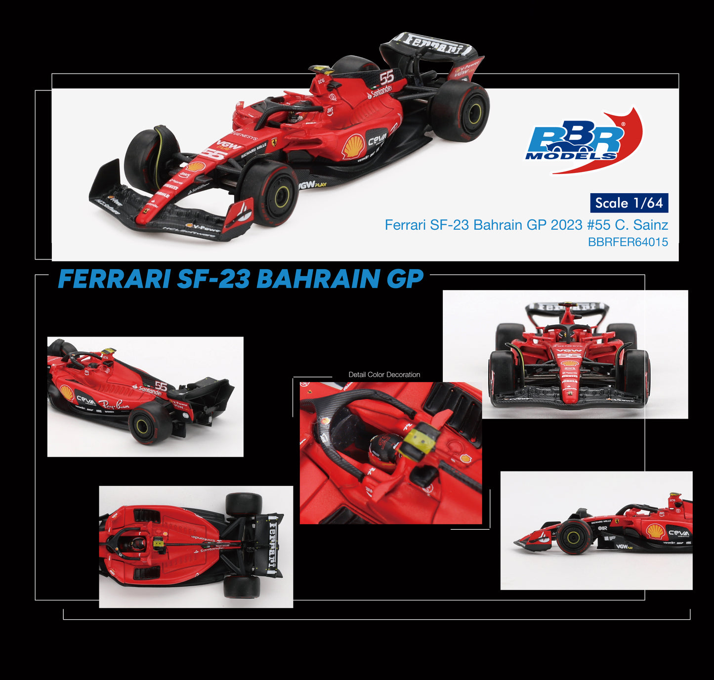 BBR Models - Ferrari SF23 #55 C. Sainz Bahrain GP 2023