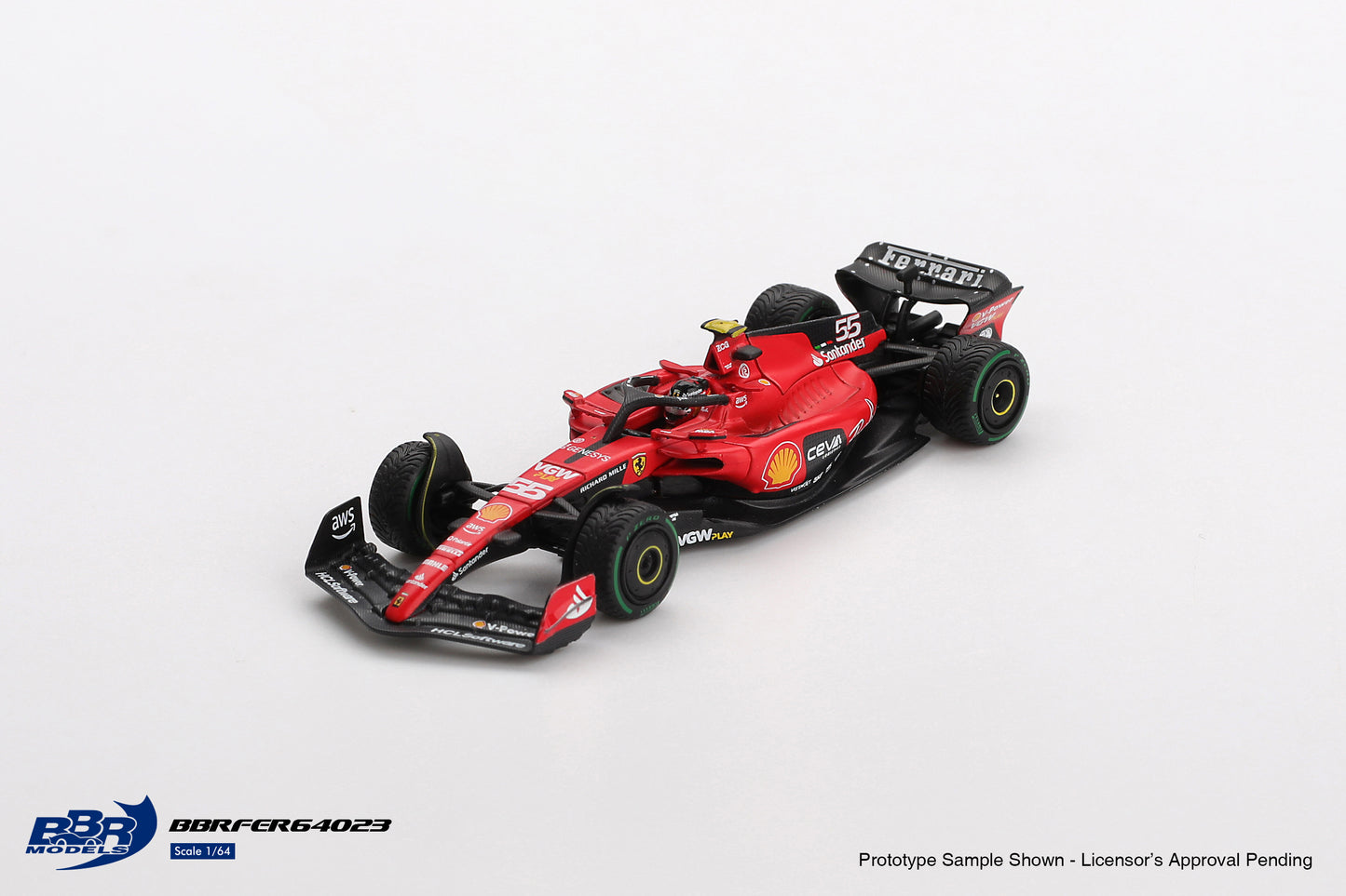 1:64 BBR Ferrari SF23 #55 Carlos Sainz Monaco GP 2023 – F1 diecast model in red race livery. Front