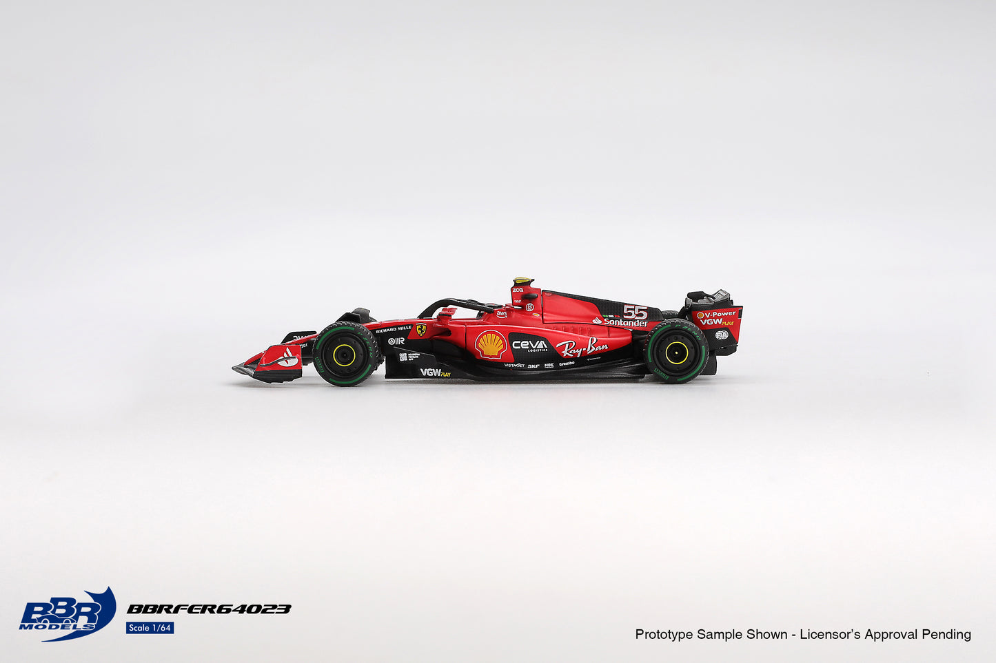 1:64 BBR Ferrari SF23 #55 Carlos Sainz Monaco GP 2023 – F1 diecast model in red race livery. Side
