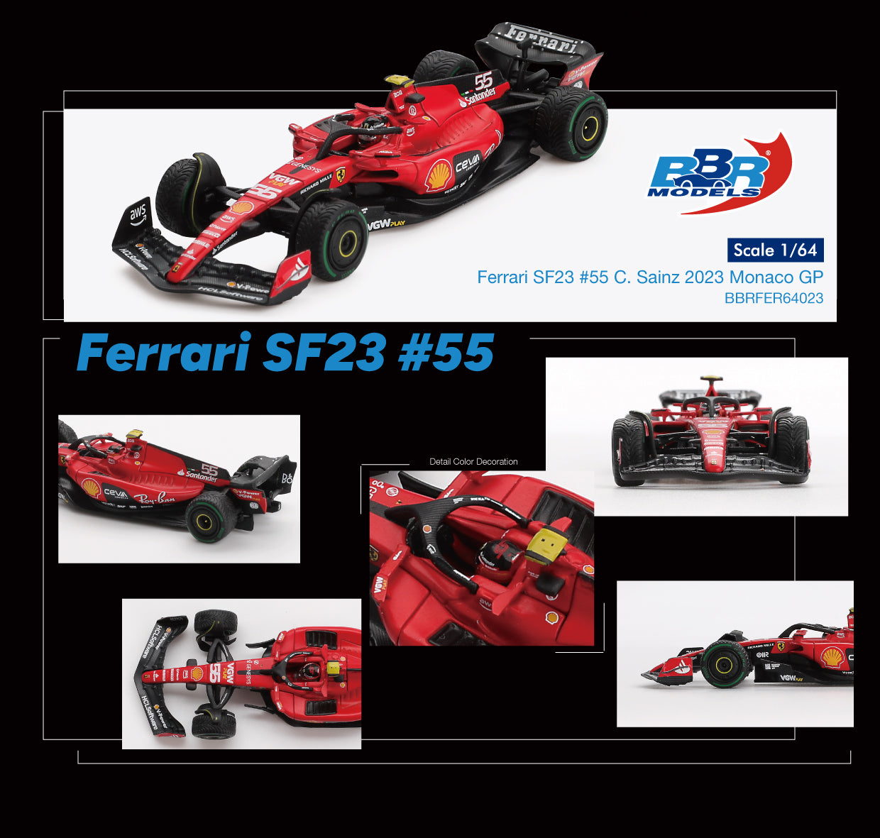 1:64 BBR Ferrari SF23 #55 Carlos Sainz Monaco GP 2023 – F1 diecast model in red race livery