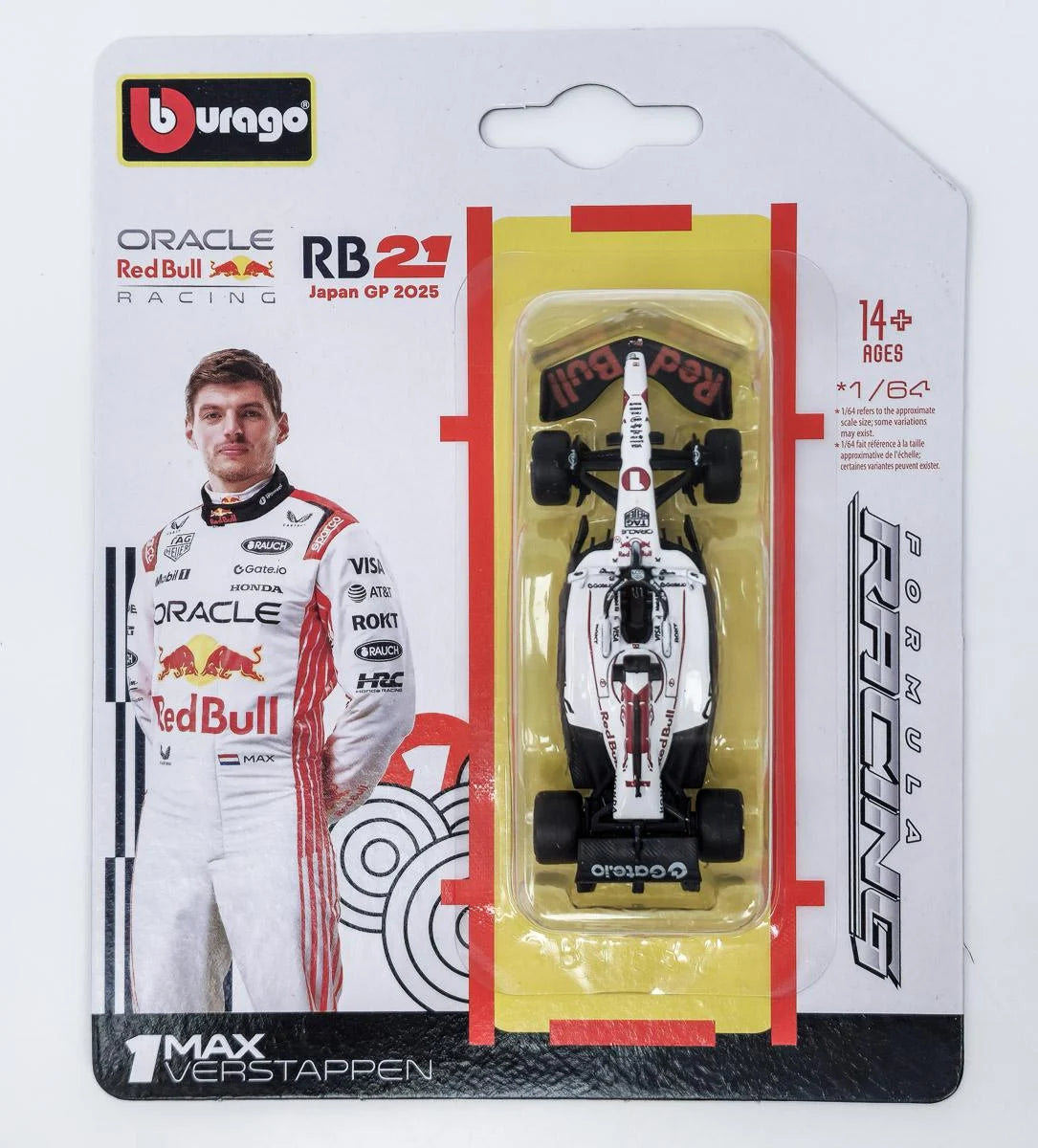 Bburago 1:64 Red Bull RB21 #1 Max Verstappen 2025 Japanese GP winner F1 model in blister packaging.