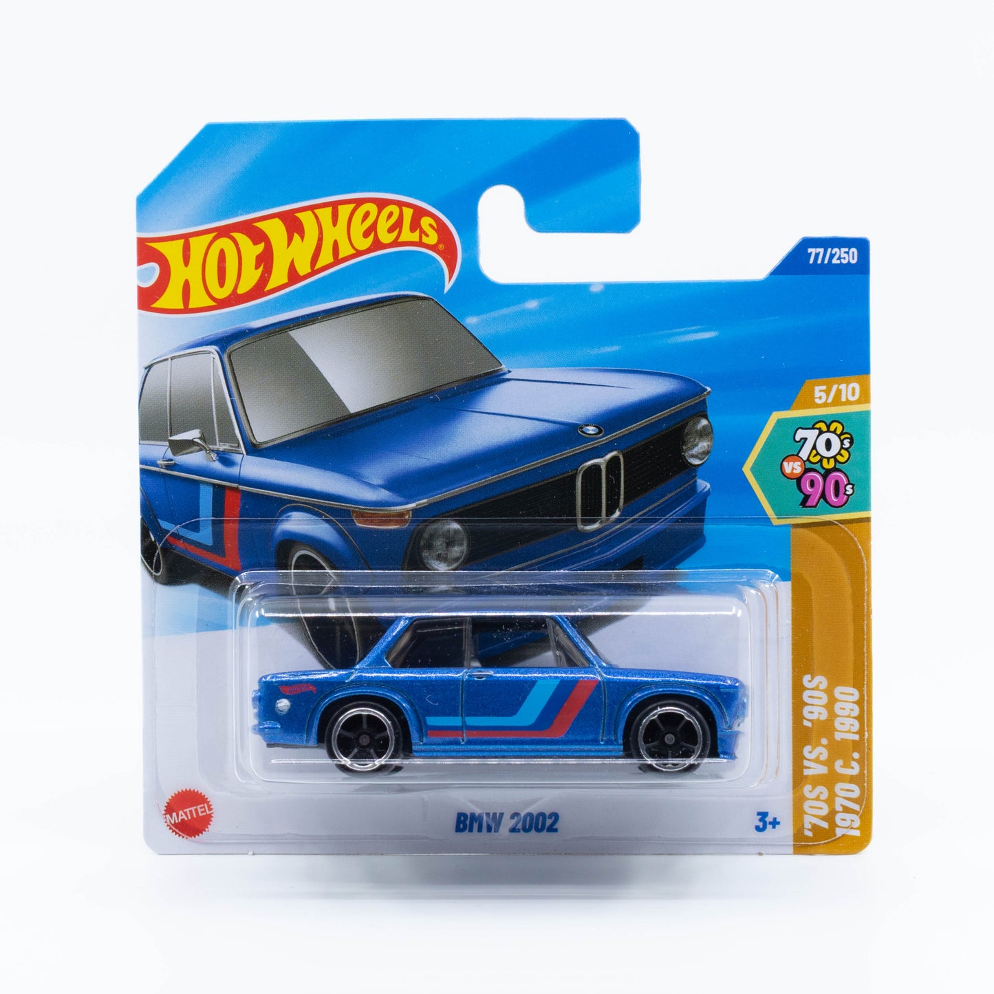 Hot Wheels 1:64 BMW 2002 diecast model showing classic sports sedan design with detailed grille and sporty stance.