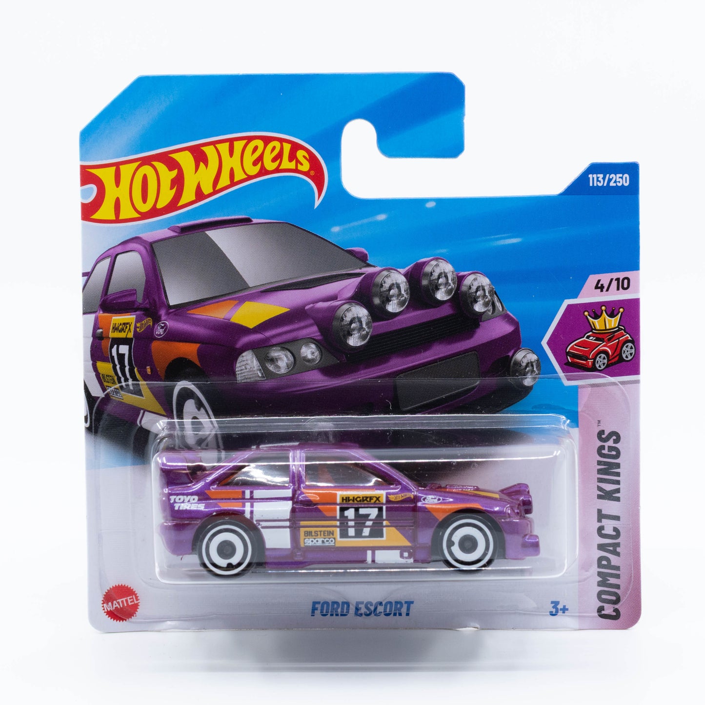 Hot Wheels Ford Escort 1:64 scale diecast model with classic vintage rally car design and detailed paintwork.