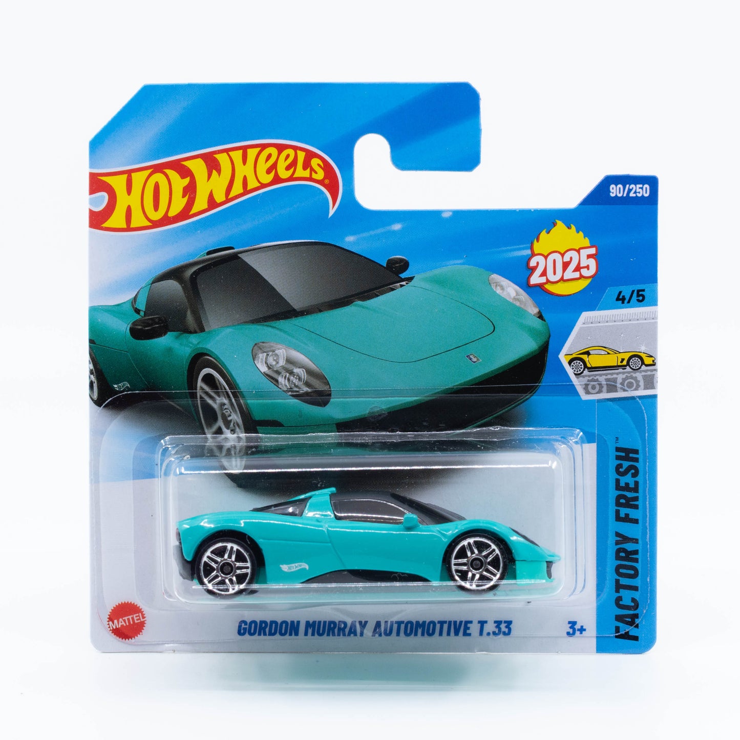 Hot Wheels 1:64 scale diecast model of the Gordon Murray Automotive T.33 supercar, featuring aerodynamic styling and detailed decals.