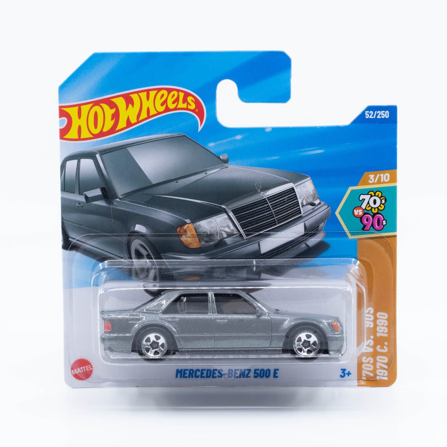 Hot Wheels 1:64 Mercedes-Benz 500 E diecast model showcasing detailed grille and sleek luxury sedan design.