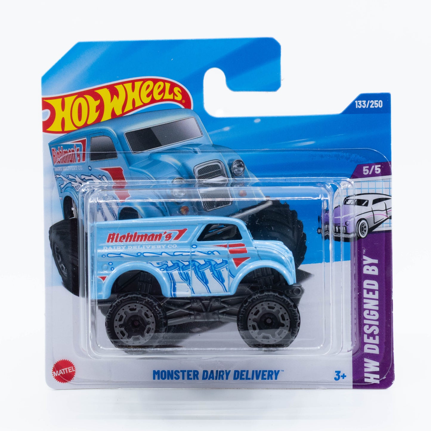 Hot Wheels Monster Dairy Delivery 1:64 scale diecast model featuring monster truck wheels and colorful dairy-themed graphics.