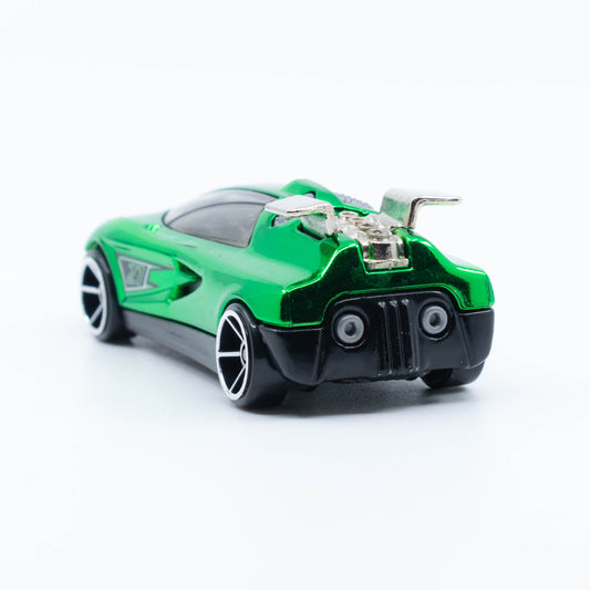Hot Wheels Octainium die-cast car featuring vibrant green metallic finish with futuristic design. Back