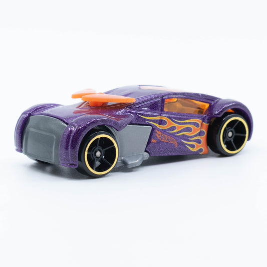 Hot Wheels Phantom Racer die-cast car with sleek purple finish and flame graphics. Back