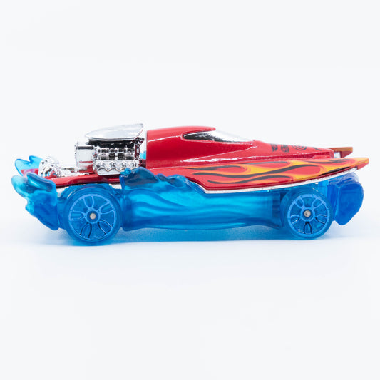 Hot Wheels Mad Splash racing boat with blue translucent wheels and water effect base. Side