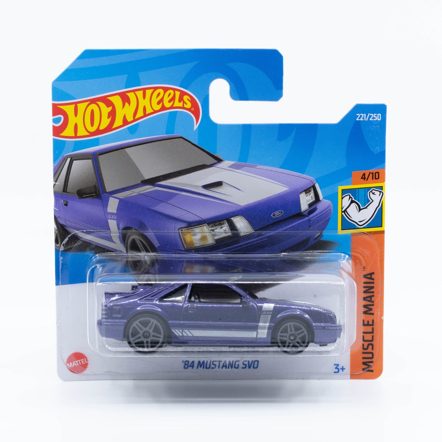 Hot Wheels 1:64 ’84 Mustang SVO diecast model in classic muscle car styling.