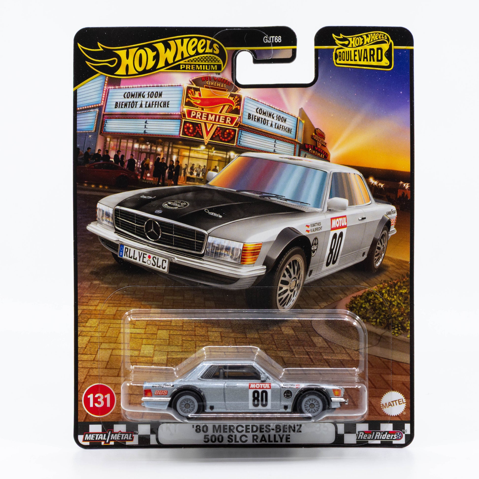 Hot Wheels Boulevard – 1980 Mercedes-Benz 500 SLC Rallye 1:64 diecast car with racing livery and Real Riders wheels.