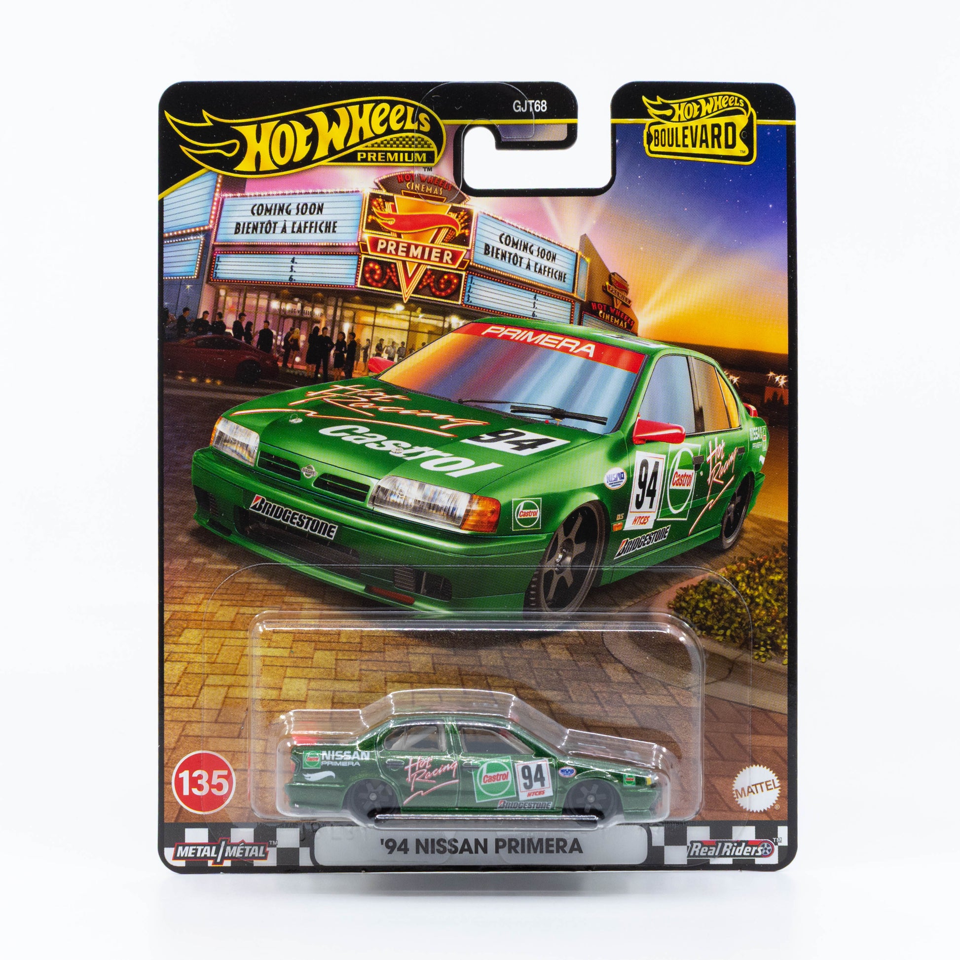 Hot Wheels Boulevard ’94 Nissan Primera in green Castrol livery, featuring racing decals, Real Riders wheels, and detailed metal body and base.