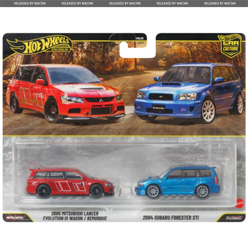 Hot Wheels Mitsubishi Evo IX Wagon and Subaru Forester STi in JDM-inspired colors, featuring rally-style detailing and Real Riders wheels.