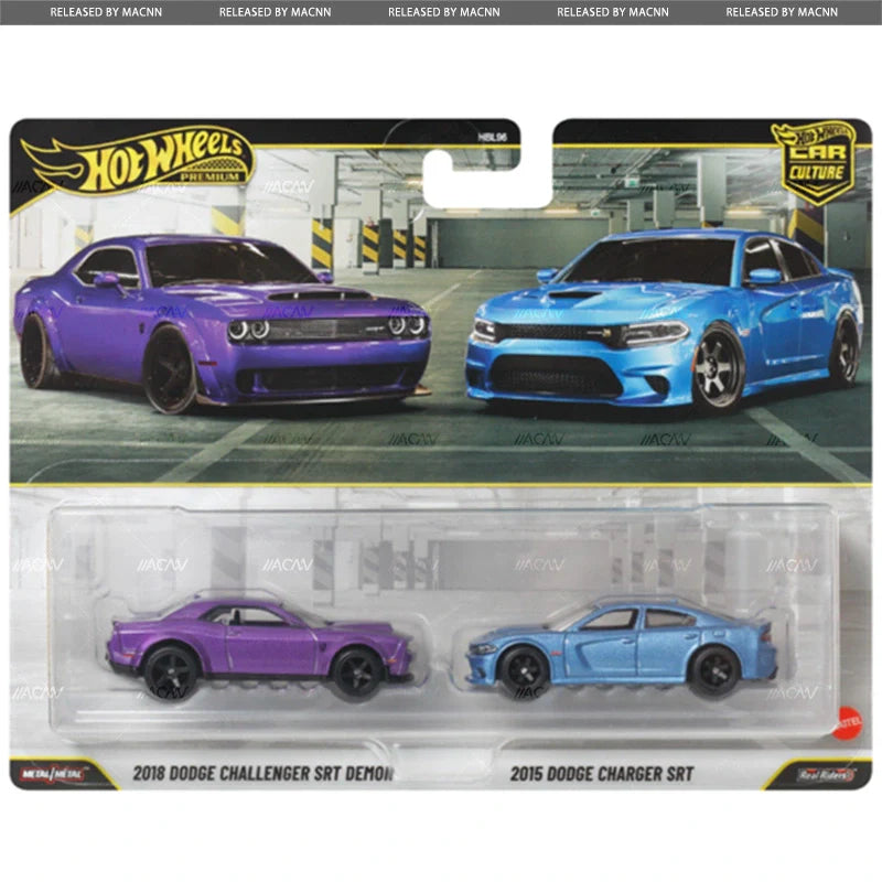 Hot Wheels Dodge Challenger Demon and Charger SRT muscle cars in bold finishes with performance details.