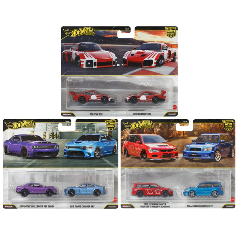 Hot Wheels Car Culture 2-Pack 2026 Mix 1 featuring Porsche 935 & 2018 Porsche 935, Dodge Challenger SRT Demon & Charger SRT, and Mitsubishi Lancer Evolution IX Wagon & Subaru Forester STi.