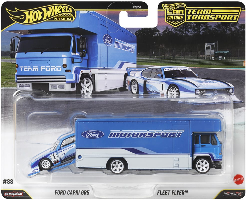 Hot Wheels Team Transport set featuring Ford Capri GR5 Group 5 race car with Fleet Flyer transporter, both in coordinated motorsport colors.