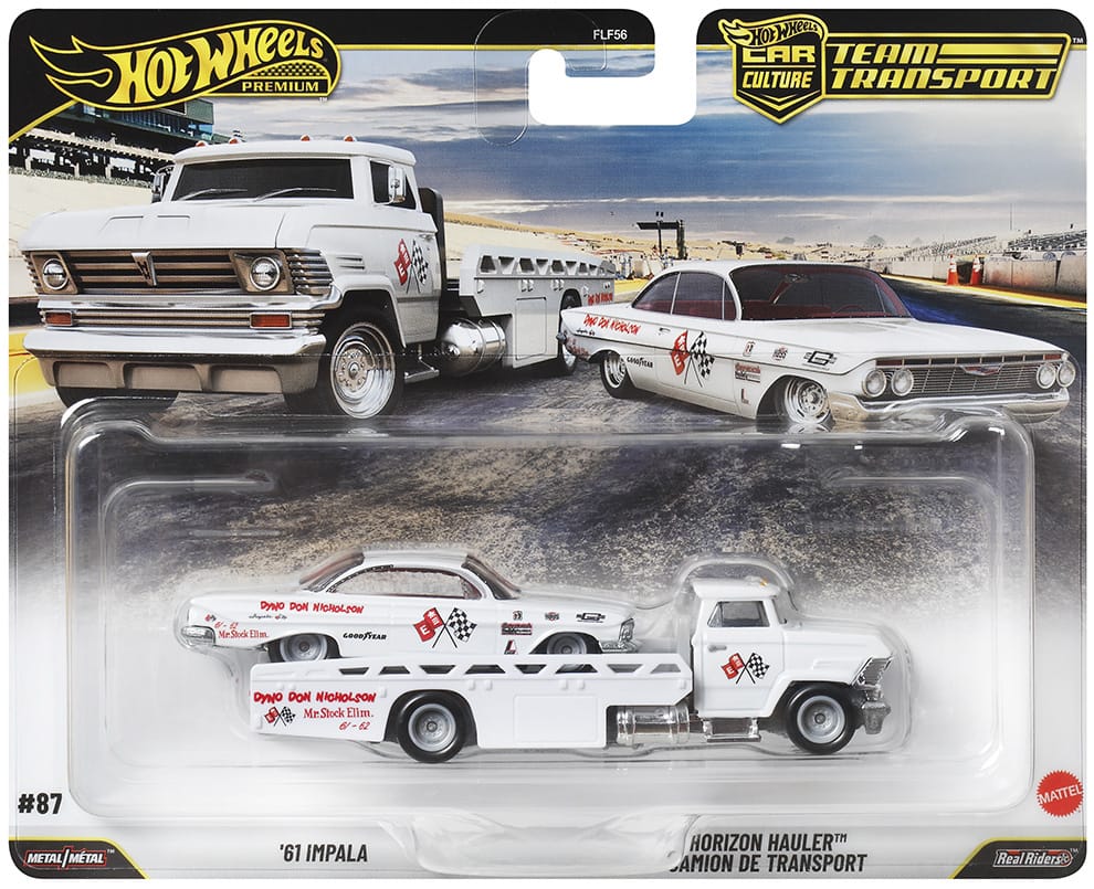 Hot Wheels Team Transport combo with classic ’61 Chevy Impala and Horizon Hauler truck in retro-style finish.