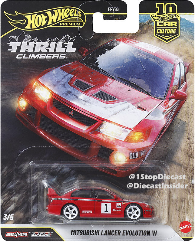 Hot Wheels Mitsubishi Lancer EVO VI in rally racing livery with detailed bodywork.