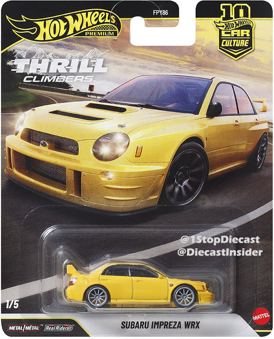 Hot Wheels Subaru Impreza WRX rally car in 1:64 scale with yellow livery.