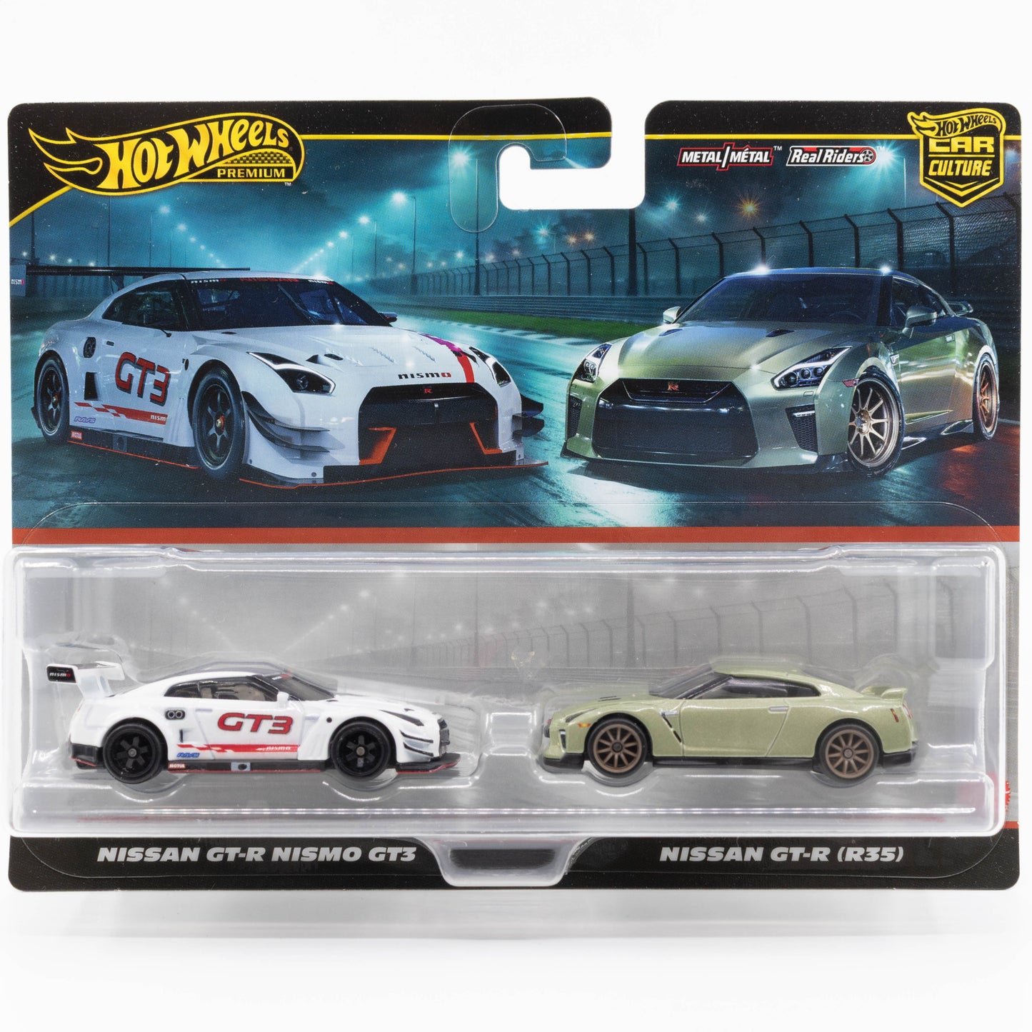 Hot Wheels Car Culture 2-Pack Nissan GT-R Nismo GT3 and Nissan GT-R R35 premium die-cast models.