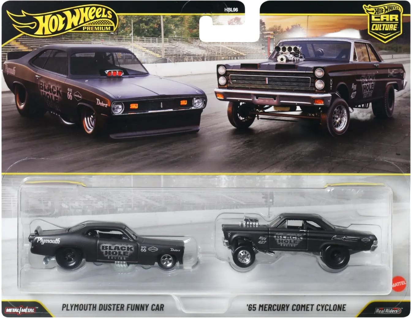 Hot Wheels Premium Car Culture 2-Pack featuring the Plymouth Duster Funny Car and '65 Mercury Comet Cyclone in Black Hole Racing liveries.