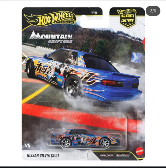 Hot Wheels Car Culture Mountain Drifters set with five Japanese drift cars and the matte black R32 Skyline GT-R Chase.