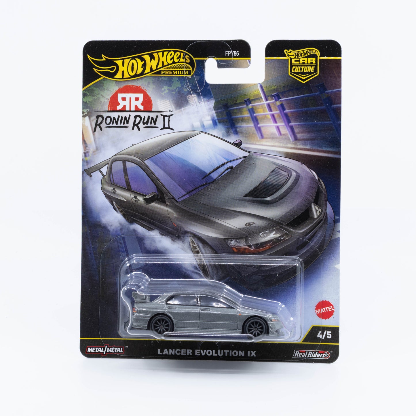 Hot Wheels Mitsubishi Lancer Evolution IX Ronin Run II smoked dark grey premium die-cast model.