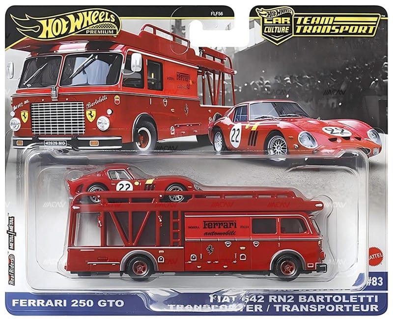 Hot Wheels Team Transport set featuring red Fiat 642 RN2 Bartoletti Transporter and Ferrari 250 GTO, both new castings with detailed Ferrari racing graphics and Real Riders wheels.