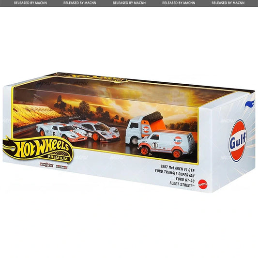 Hot Wheels Collector Set Gulf edition with McLaren F1 GTR Long Tail Ford GT40 Transit Supervan and Fleet Street 1:64 models