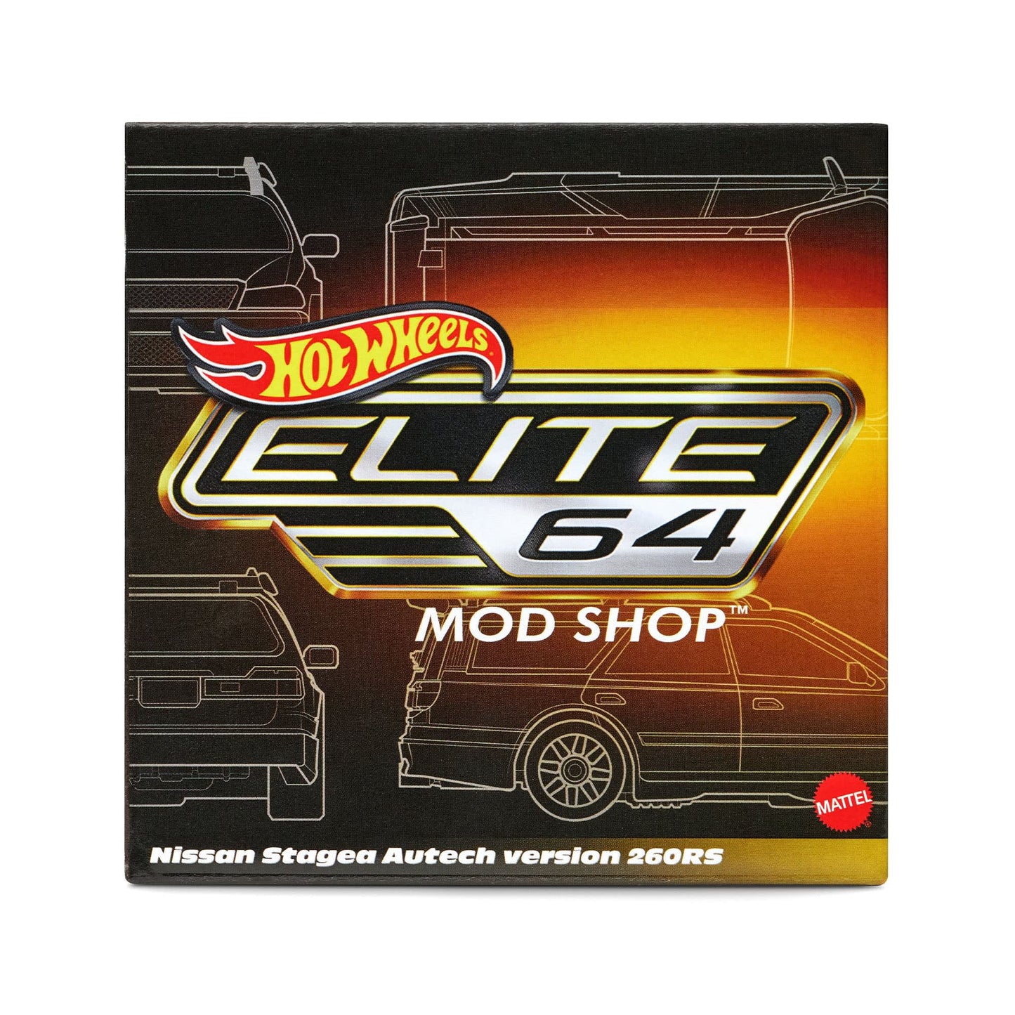 Hot Wheels Elite 64 Mod Shop Nissan Stagea in gloss yellow with interchangeable GT-R front end, opening hood, RB26 engine, and accessory kit.