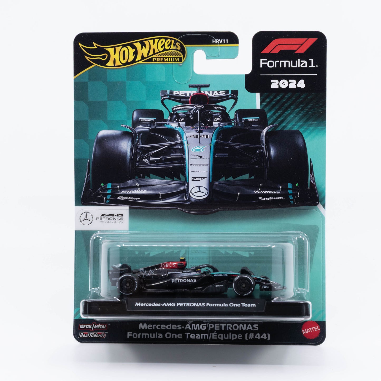 1:64 Hot Wheels Mercedes-AMG Petronas Formula One Team #44 Lewis Hamilton 2024 – die-cast F1 race car model.
