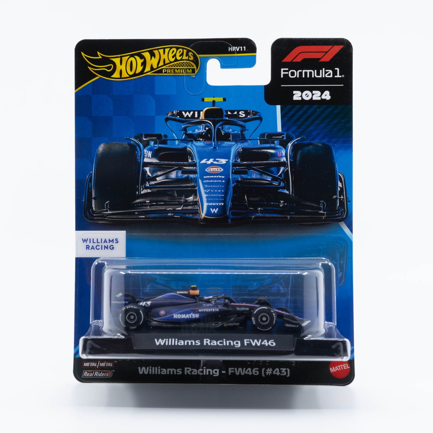 Hot Wheels F1 1:64 Williams Racing FW46 (#43) diecast model, 2024 season Logan Sargeant livery collectible.